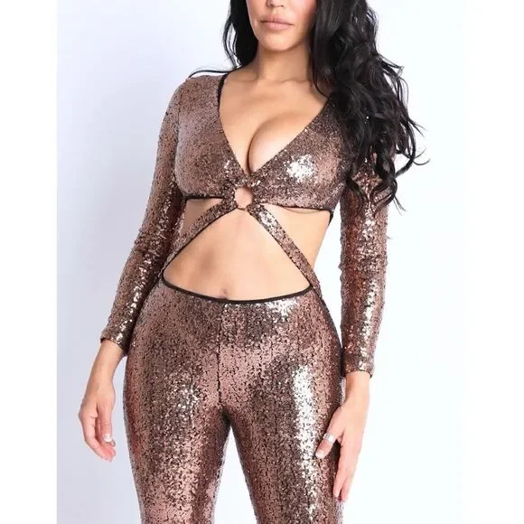 Sequin Front Criss Cross O-Ring Point Jumpsuit